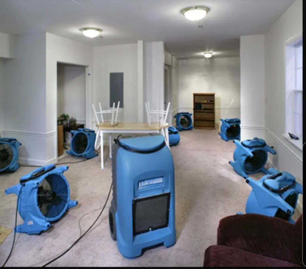Air movers and dehumidifier setup for Water Damage Restoration in Marlboro Village